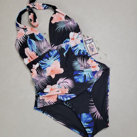 New DKNY Swimsuit Halter Shirred Waist Island Tropical Black Coral Small Lined - Picture 1 of 9